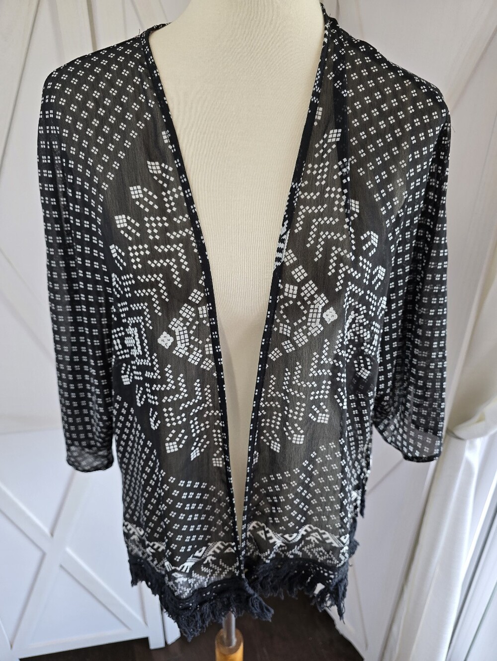 Xhilaration Black and White Patterned Sheer Kimono With Black Fringe Trim